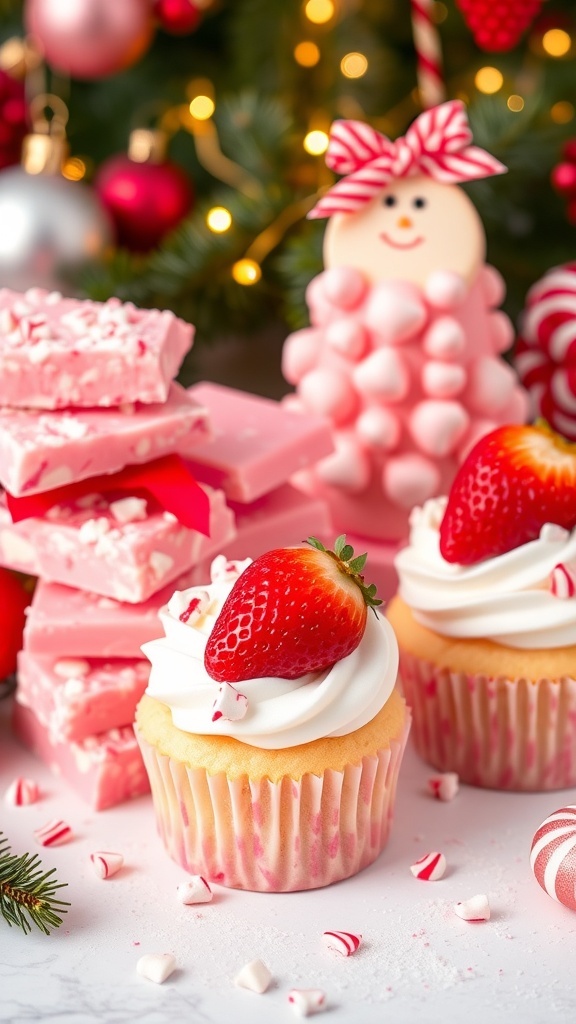 A variety of pink Christmas desserts including peppermint bark and strawberry shortcake cupcakes on a festive table.